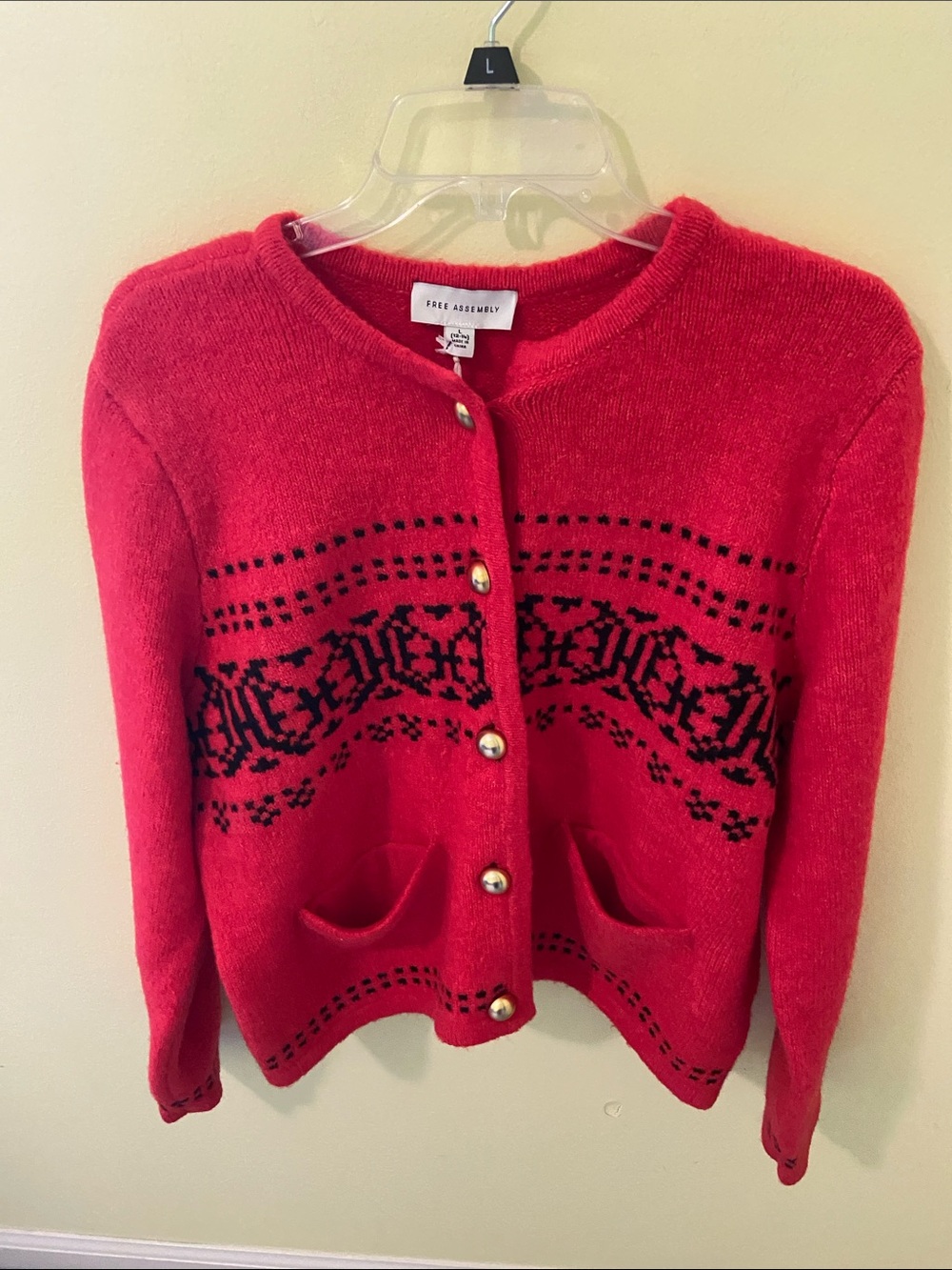 Free Assembly Red Knit Cardigan with Black Fair Isle Detail